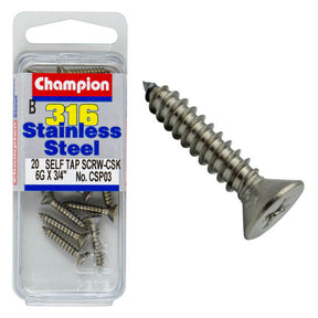 COUNTERSUNK SELF TAPPING SCREW STAINLESS STEEL 316 CHAMPION PACK