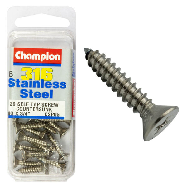 COUNTERSUNK SELF TAPPING SCREW STAINLESS STEEL 316 CHAMPION PACK
