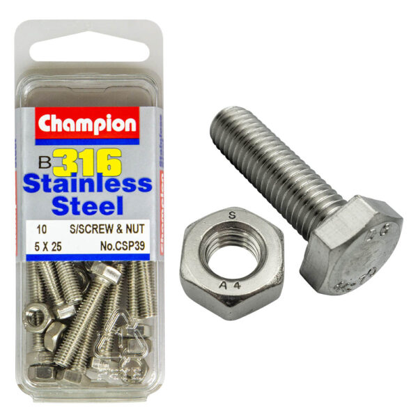 HEX HEAD STAINLESS STEEL 316 SET SCREW & NUT PACK