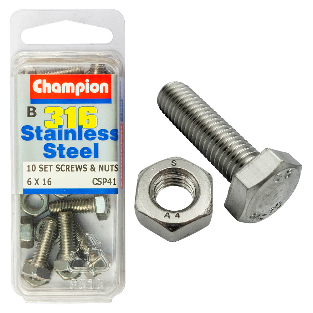 HEX HEAD STAINLESS STEEL 316 SET SCREW & NUT PACK