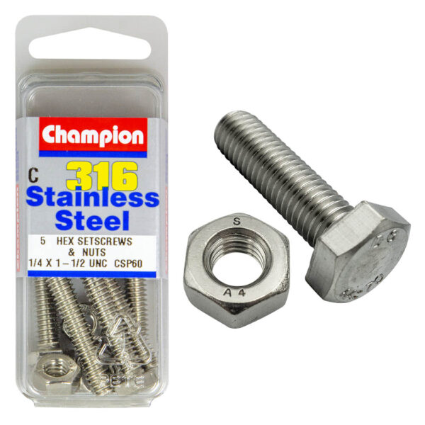 HEX HEAD STAINLESS STEEL 316 SET SCREW & NUT PACK